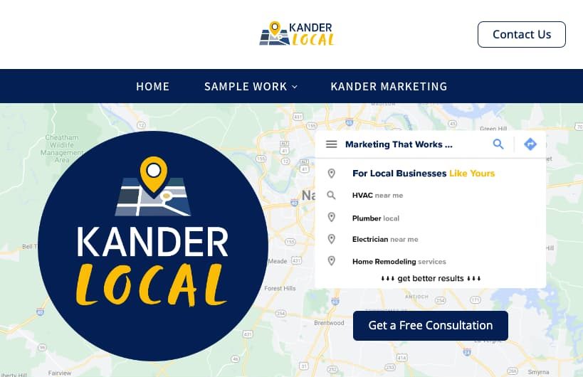 Kander Local Homepage with Map of Nashville and Google Search Menu Dropdown Example